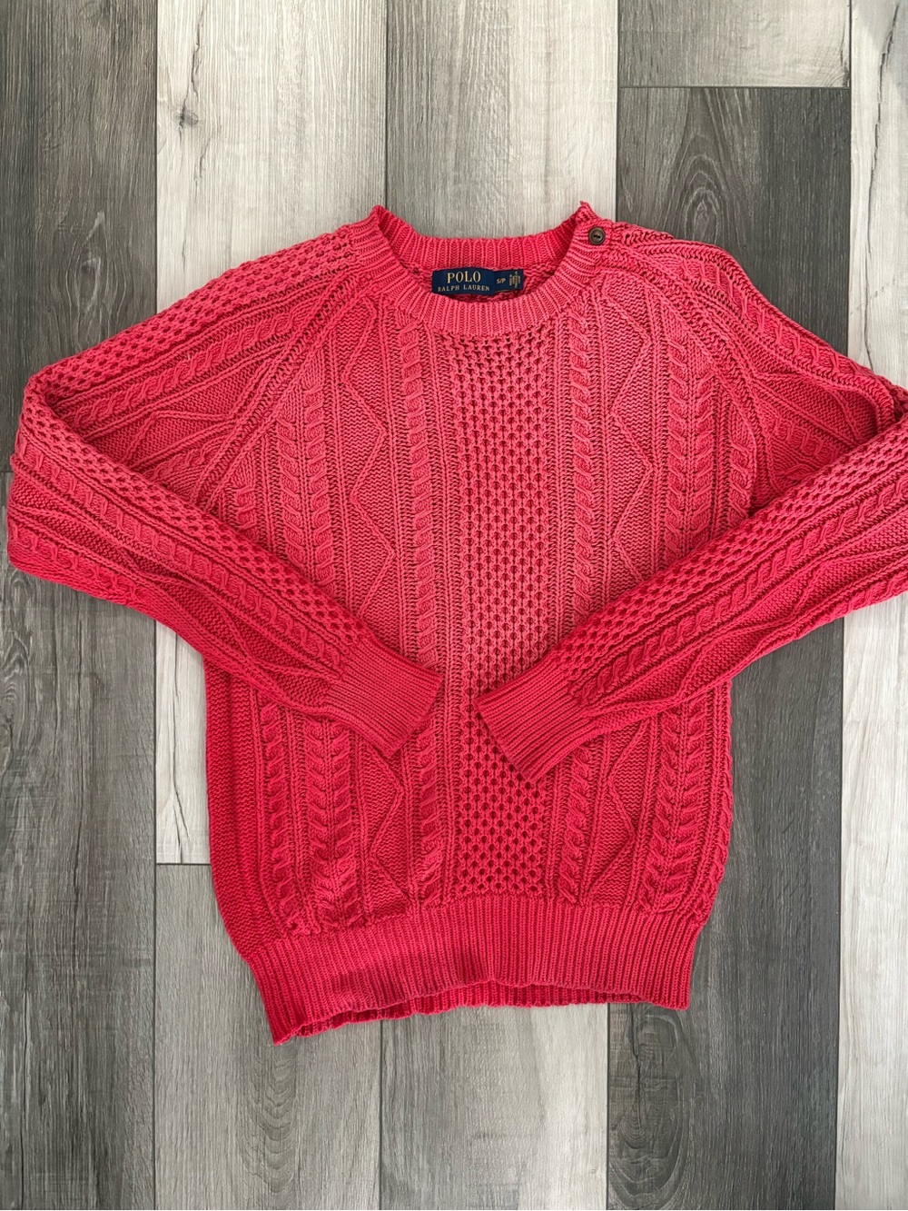 Ralph Lauren Pink Cable Knit Crewneck Sweater with Button Detail